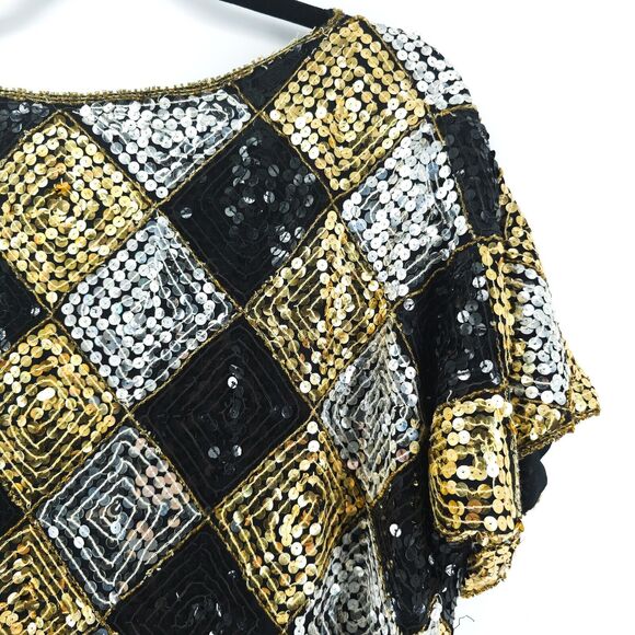 Vtg Scala Sequin Harlequin Silk Blouse Beaded Neck & Hem Short Sleeve Blouse PL - Picture 6 of 14